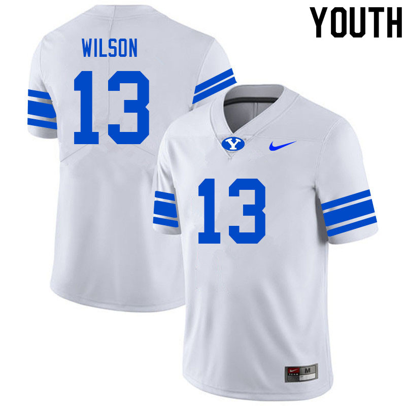 Youth #13 Jaques Wilson BYU Cougars College Football Jerseys Sale-White - Click Image to Close